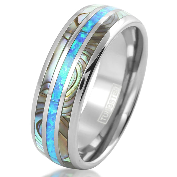 Brilliant Mirror Polished Silver Tungsten Low Dome Ring w/ Dazzling Man-Made Hawaii Opal Between 2 Abalone Inlays.
