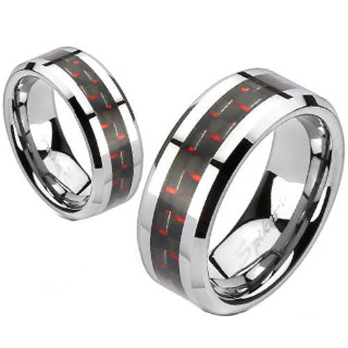 Mirror polished band with red and black carbon fiber inlay | Wholesale stainless steel rings - Jewelry