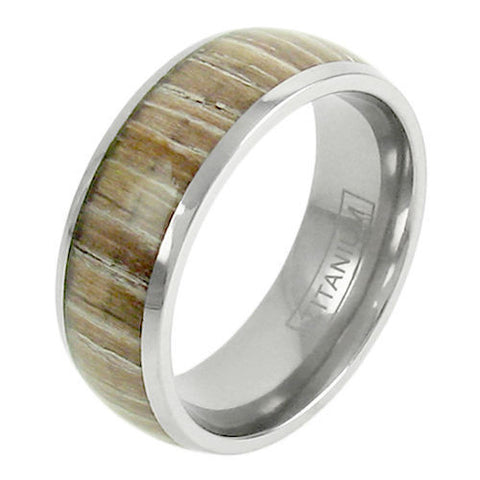 Mirror polished titanium dome ring with blonde wood grain inlay | Wholesale Titanium Jewelry