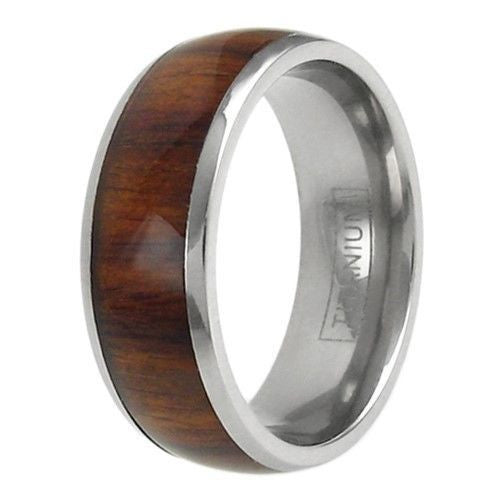 Mirror polished titanium dome ring with natural wood grain inlay | Wholesale Titanium Jewelry | Upright photo