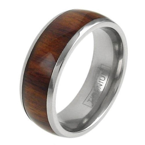 Mirror polished titanium dome ring with natural wood grain inlay | Wholesale Titanium Jewelry | Main photo