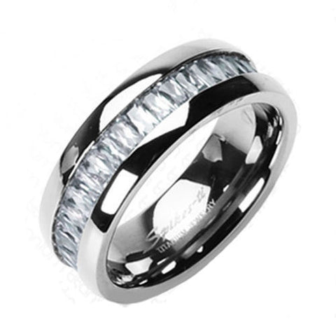 Mirror polished titanium eternity ring with 7 carats emerald cut CZs | Wholesale Titanium Rings | Wedding Bands