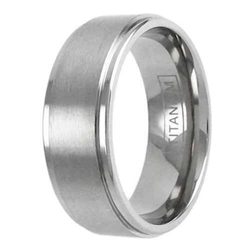 Mirror polished titanium ring with satin finish band and stepped edges | Wholesale Titanium Jewelry | Upright photo
