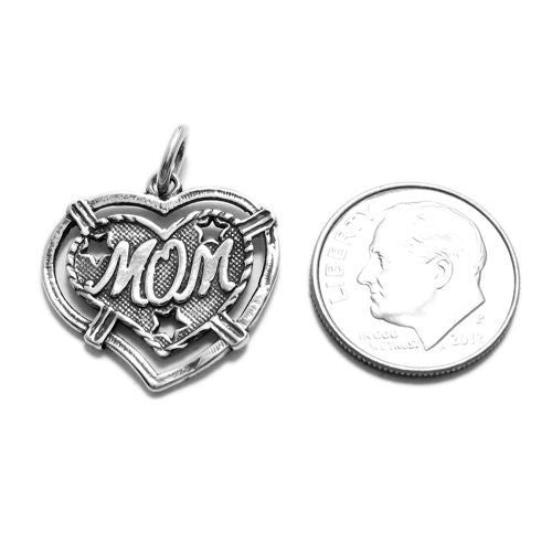 Stunning "Mom" Double Heart Charm with Stars. Wholesale Sterling Silver Charms - Jewelry. Alternate.