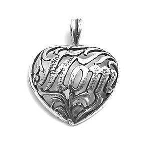 Beautiful "Mom" in Floral Script Heart Charm. Wholesale Sterling Silver Charms - Jewelry