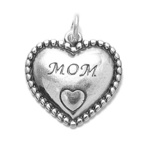 Simplistic "Mom" Heart Charm with Beads. Wholesale Sterling Silver Charms - Jewelry. Main.