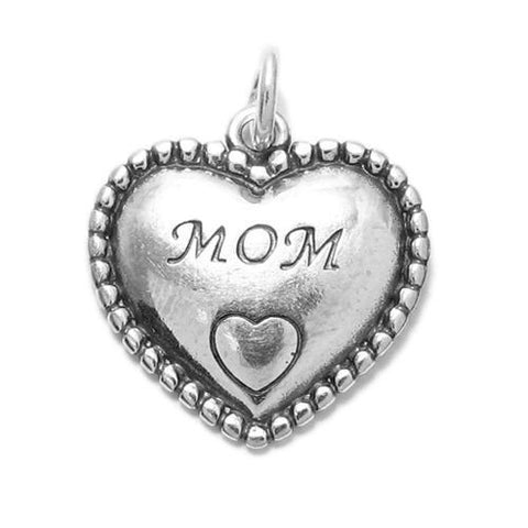 Simplistic "Mom" Heart Charm with Beads. Wholesale Sterling Silver Charms - Jewelry. Main.