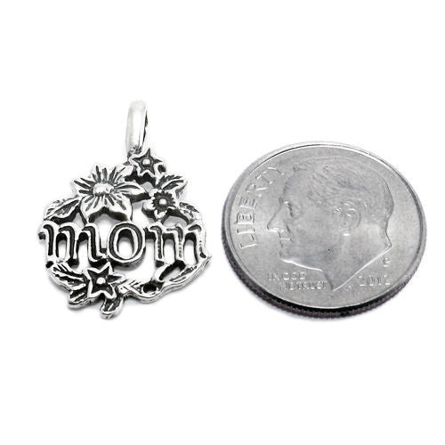 Lovely "Mom" in Flower Wreath Charm for your adorable Mother. Wholesale Sterling Silver Charms - Jewelry. Alternate