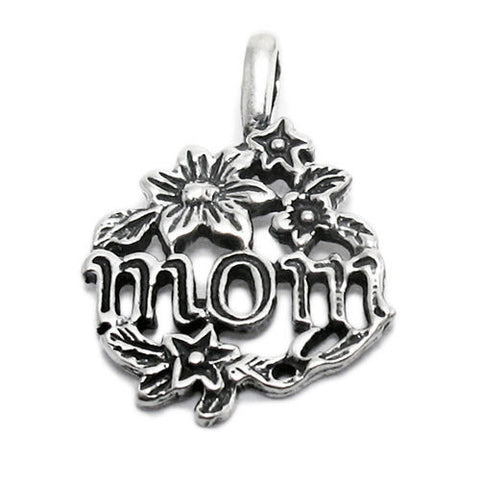 Lovely "Mom" in Flower Wreath Charm for your adorable Mother. Wholesale Sterling Silver Charms - Jewelry. Main