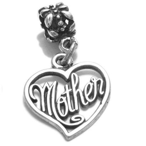 Intricate "Mother" Heart Charm with Euro Bead. Wholesale Sterling Silver Charms - Jewelry. Main.