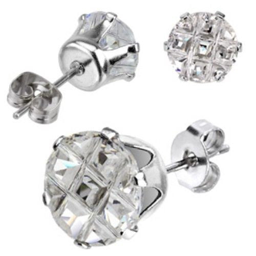 Multi Faceted Round Grid CZ Earrings | Wholesale Stainless Steel Jewelry | Main