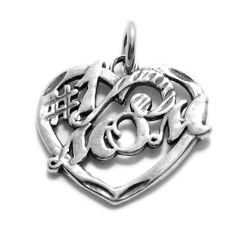 Elegant "#1 Mom" Calligraphy Heart Charm. Wholesale Sterling Silver Charms - Jewelry. Main.