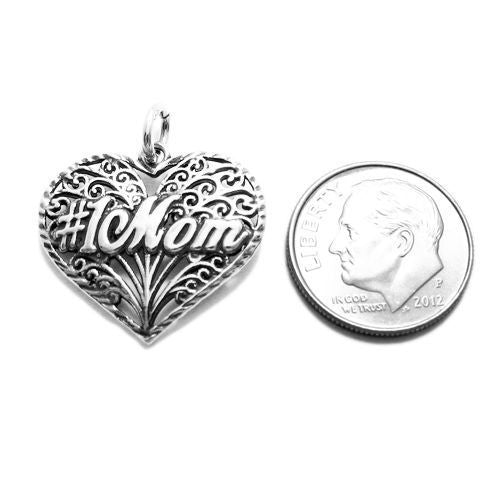 Elegant "#1 Mom" Filigreed Heart Charm for your Mother. Wholesale Sterling Silver Charms - Jewelry. Alternate.
