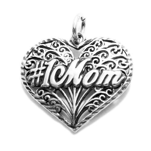 Elegant "#1 Mom" Filigreed Heart Charm for your Mother. Wholesale Sterling Silver Charms - Jewelry. Main