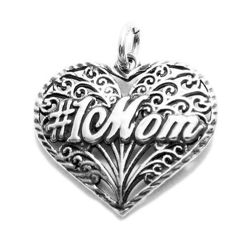 Elegant "#1 Mom" Filigreed Heart Charm for your Mother. Wholesale Sterling Silver Charms - Jewelry. Main