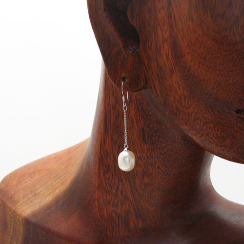 Darling Sterling Silver Oval Freshwater Pearls Hanging on Chain Hook Earrings.