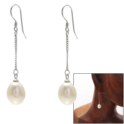 Darling Sterling Silver Oval Freshwater Pearls Hanging on Chain Hook Earrings.