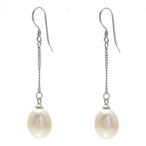 Darling Sterling Silver Oval Freshwater Pearls Hanging on Chain Hook Earrings.