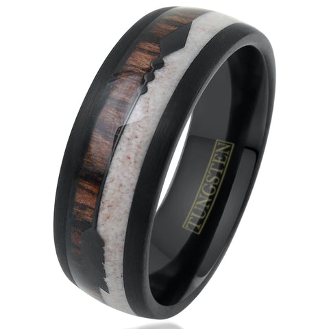 black low dome tungsten carbide band ring w/ koa wood & pale deer antler inlays | white tilted photo
