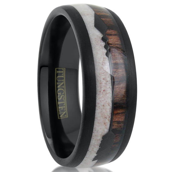 black low dome tungsten carbide band ring w/ koa wood & pale deer antler inlays | white upright photo
