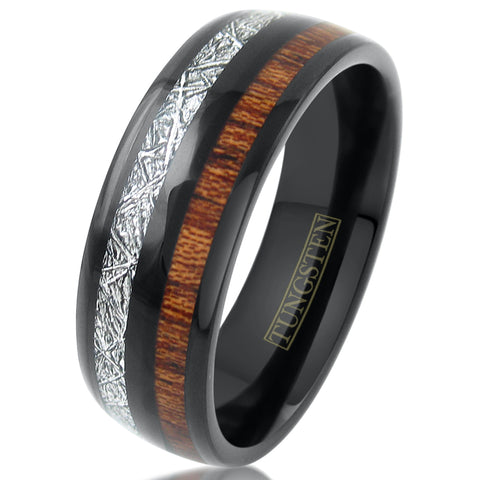 polished piano black low dome tungsten carbide band ring w/ koa wood & faux meteorite inlays | white tilt photo