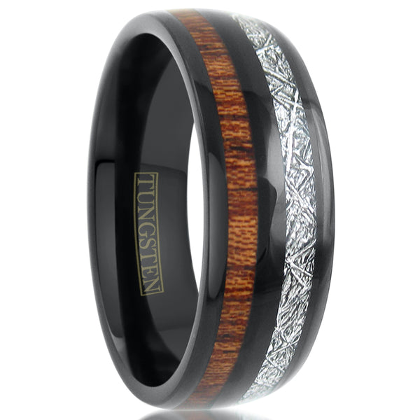 polished piano black low dome tungsten carbide band ring w/ koa wood & faux meteorite inlays | white upright photo