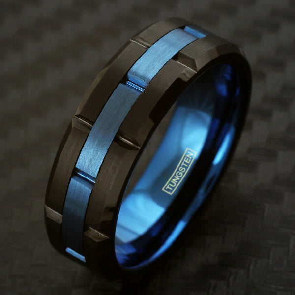 Polished black notched tungsten ring | Brushed sapphire blue notched center band | Wholesale tungsten rings - wedding bands | Black photo