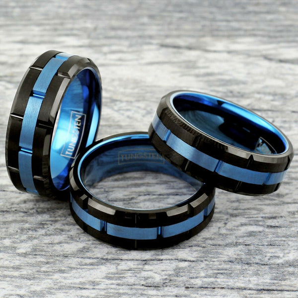 Polished black notched tungsten ring | Brushed sapphire blue notched center band | Wholesale tungsten rings - wedding bands | Group photo