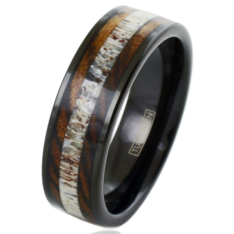 black tungsten ring w/ deer antler & tiger stripe bocote wood inlays | Wholesale tungsten rings - wedding bands | tilt photo