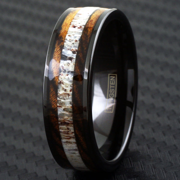black tungsten ring w/ deer antler & tiger stripe bocote wood inlays | Wholesale tungsten rings - wedding bands | black photo