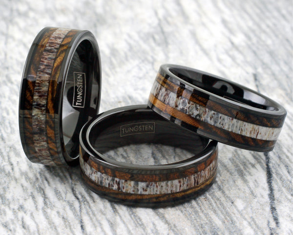 black tungsten ring w/ deer antler & tiger stripe bocote wood inlays | Wholesale tungsten rings - wedding bands | group photo