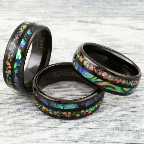 Stunning Polished Black Tungsten Dome Ring w/ Dazzling Man-Made Hawaii Opal & Brilliant Abalone Inlays.