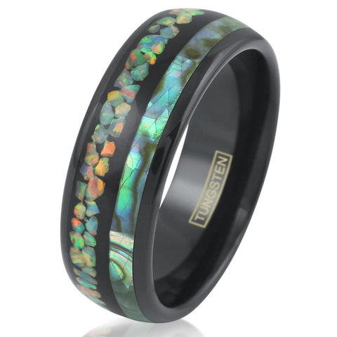 Stunning Polished Black Tungsten Dome Ring w/ Dazzling Man-Made Hawaii Opal & Brilliant Abalone Inlays.