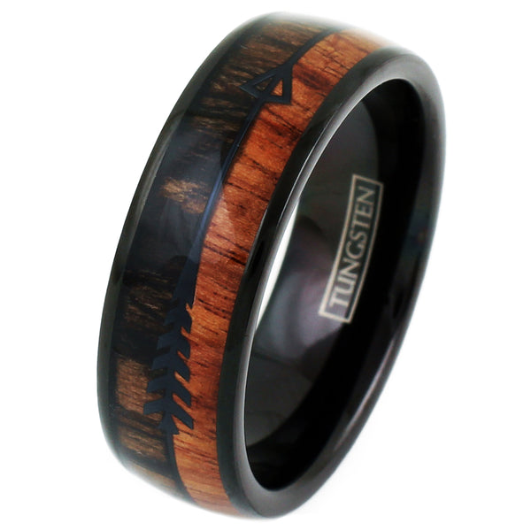 Black tungsten carbide ring | Two-tone wood black feathered arrow | Wholesale tungsten wedding bands | White Photo