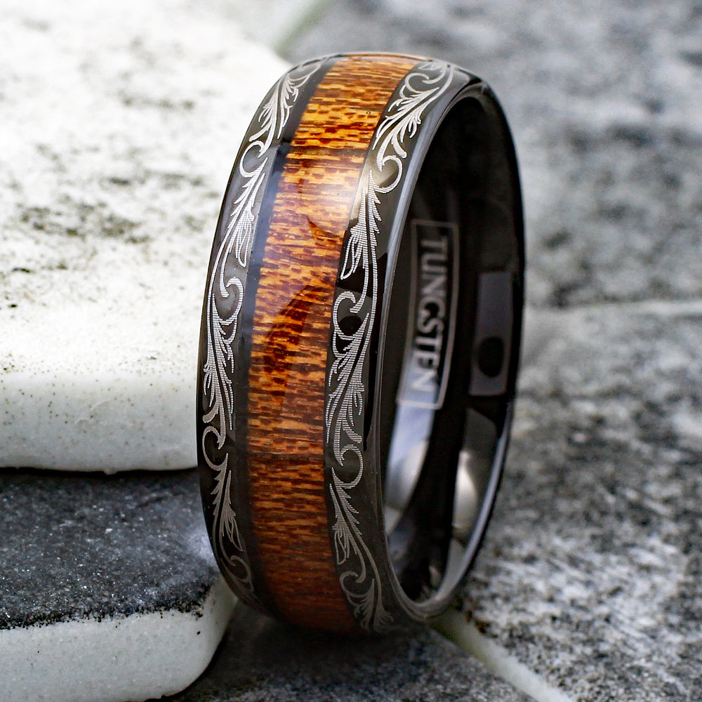 Men - Ceramic Koa Wood Ring Men's Wedding Band: 6mm, Dome Design, 8.5 | Northern Royal