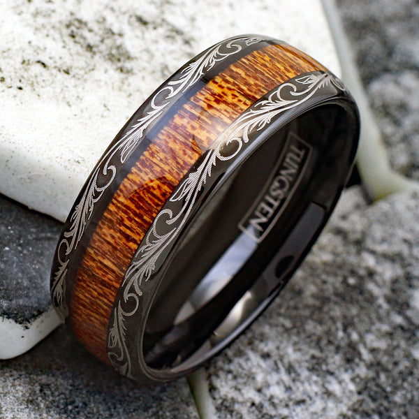 Delightful Black Tungsten Ring with Wood Grain Inlay and Gold Leaf Edge Accent