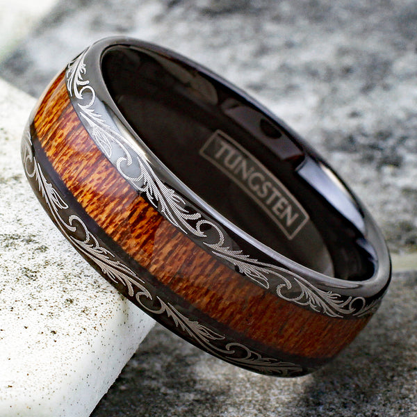 Delightful Black Tungsten Ring with Wood Grain Inlay and Gold Leaf Edge Accent