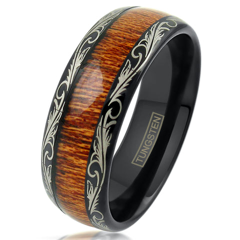 Black Tungsten Ring | Wood Inlay | Gold Leaf Edging | Wholesale Tungsten Rings - Wedding Bands | White Photo.