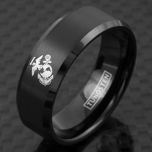 Black tungsten ring w/ laser engraved US Marine Corps logo | Wholesale Tungsten Rings - Wedding Bands | black photo