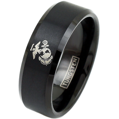 Black tungsten ring w/ laser engraved US Marine Corps logo | Wholesale Tungsten Rings - Wedding Bands | slanted photo