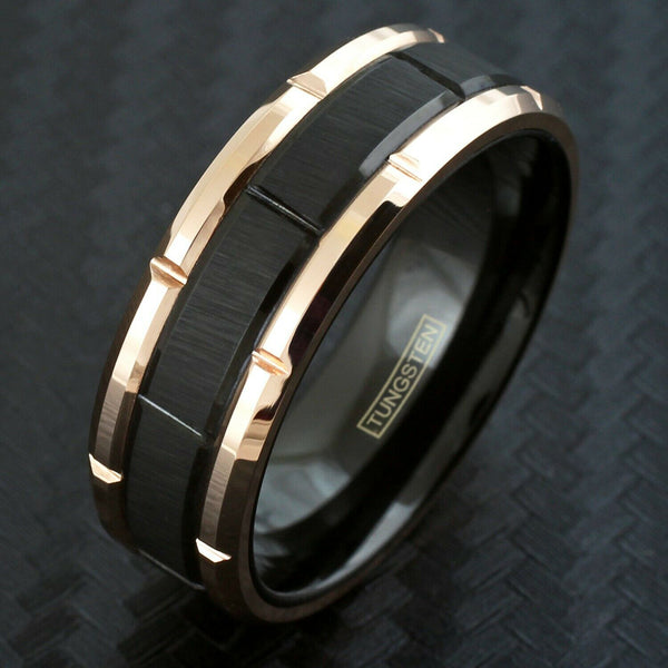 Rose gold notched tungsten ring | Brushed black notched center band | Wholesale tungsten rings - wedding bands | Black photo