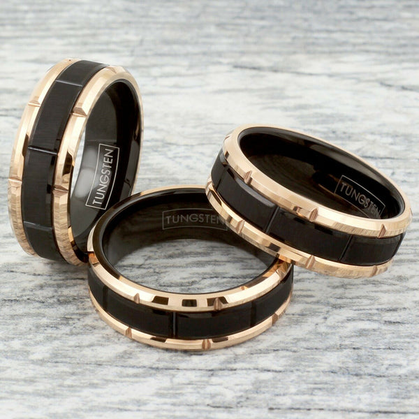 Rose gold notched tungsten ring | Brushed black notched center band | Wholesale tungsten rings - wedding bands | Group photo