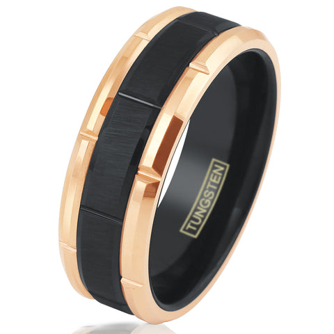 Rose gold notched tungsten ring | Brushed black notched center band | Wholesale tungsten rings - wedding bands | White photo