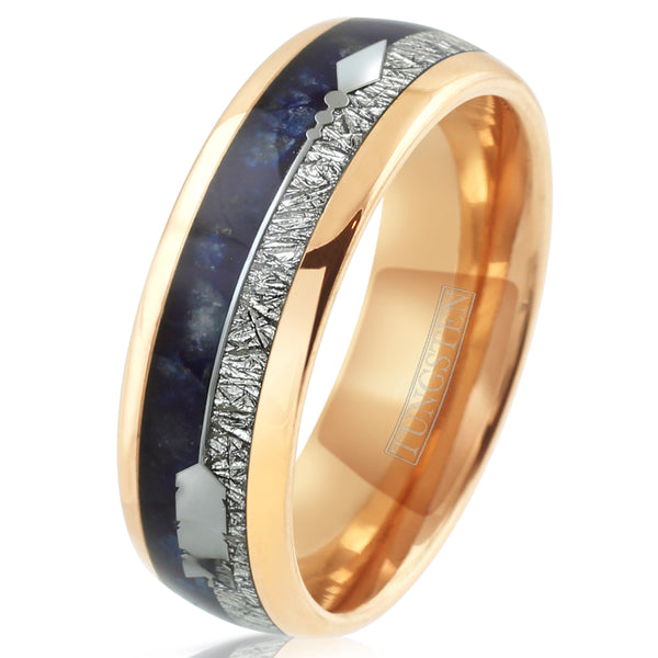 Polished rose gold tungsten carbide low dome band ring w/ lapis lazuli, faux meteorite, & silver feathered arrow | Tilted photo