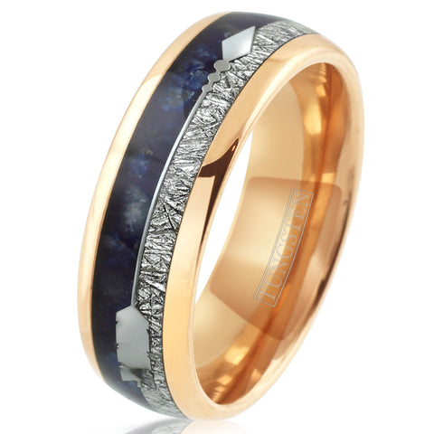 Polished rose gold tungsten carbide low dome band ring w/ lapis lazuli, faux meteorite, & silver feathered arrow | Tilted photo
