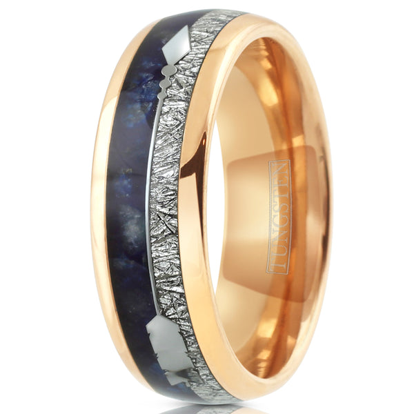 Polished rose gold tungsten carbide low dome band ring w/ lapis lazuli, faux meteorite, & silver feathered arrow | Upright photo