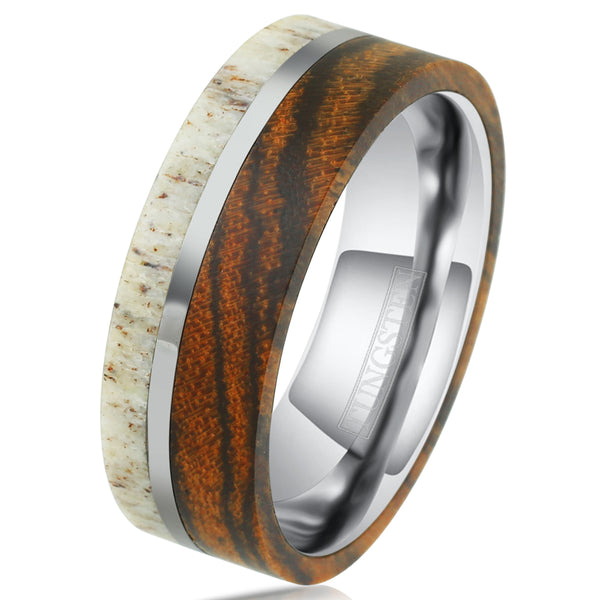 Silver tungsten carbide band ring w/ Deer Antler & Tiger Stripe Bocote Wood Overlays & off-center silver stripe | Tilted photo