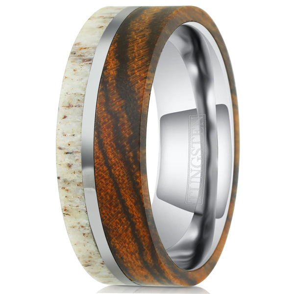 Silver tungsten carbide band ring w/ Deer Antler & Tiger Stripe Bocote Wood Overlays & off-center silver stripe | Upright photo