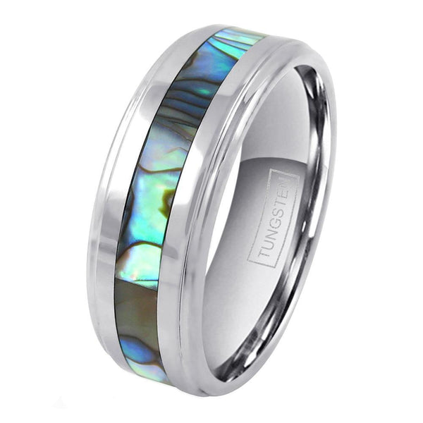 Silver tungsten carbide ring w/ abalone inlay & stepped edges | wholesale tungsten rings - wedding bands | white photo