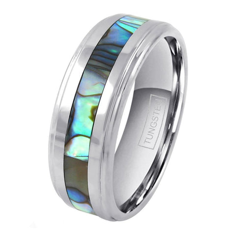 Silver tungsten carbide ring w/ abalone inlay & stepped edges | wholesale tungsten rings - wedding bands | white photo